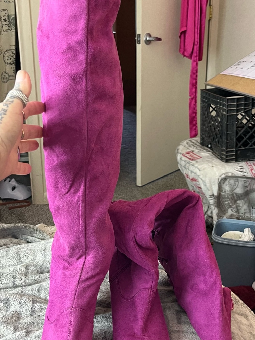 Shoe Vibe Magenta Faux Suede Lace-Up Knee High Boots - Size 10 Zip Chunky Block